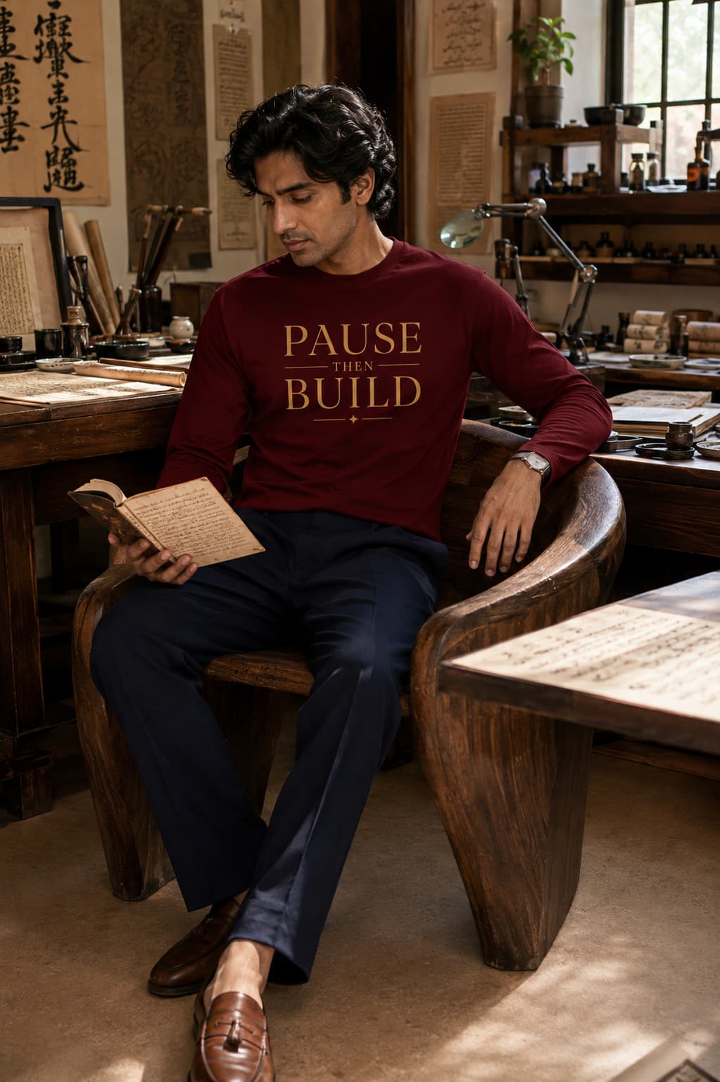 karavirs™ Pause Then Build — Maroon Full-Sleeve Tee