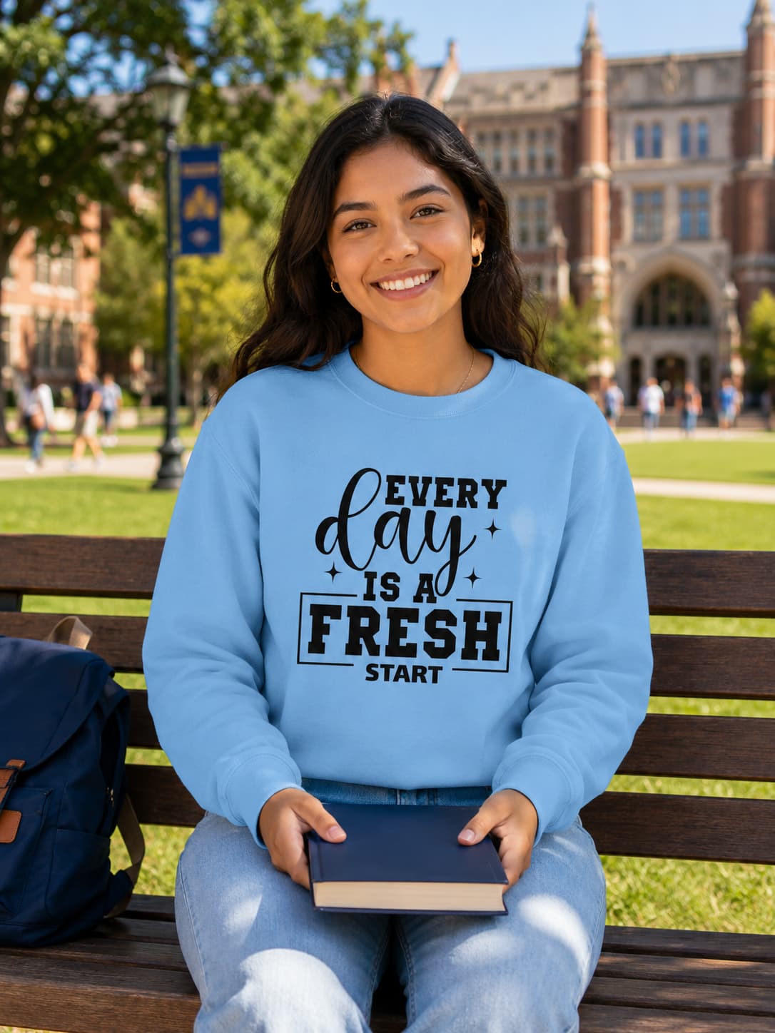 karavirs™ Morning Reset Sweatshirt detail — evolve typography graphic
