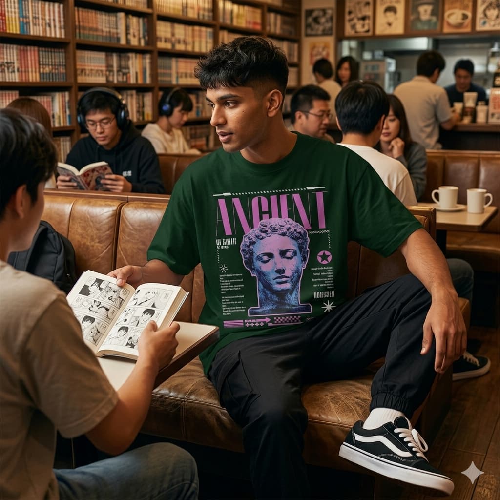 Men's Bottle Green Oversized Round Neck T-shirt