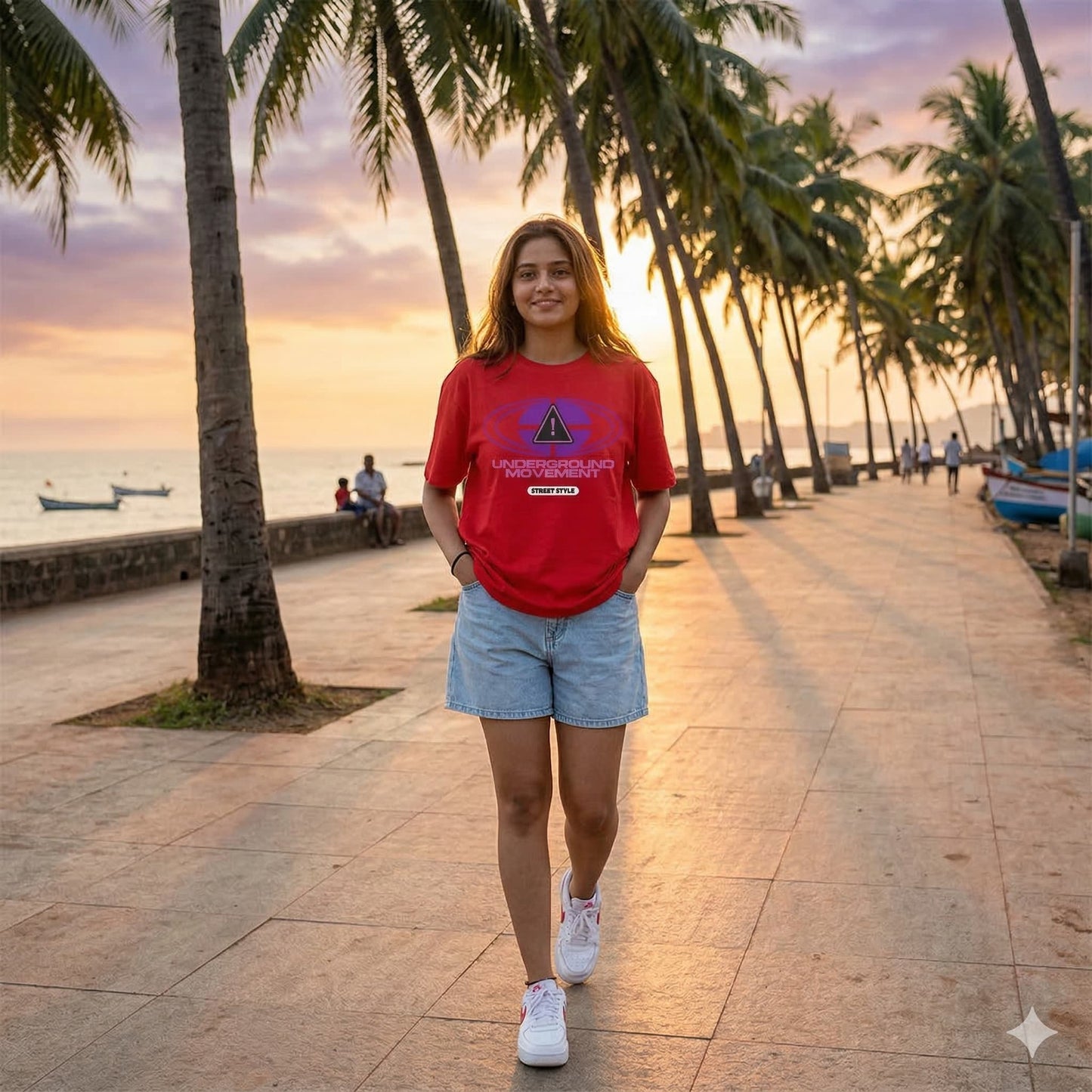 Women's Red Oversized Round Neck T-shirts