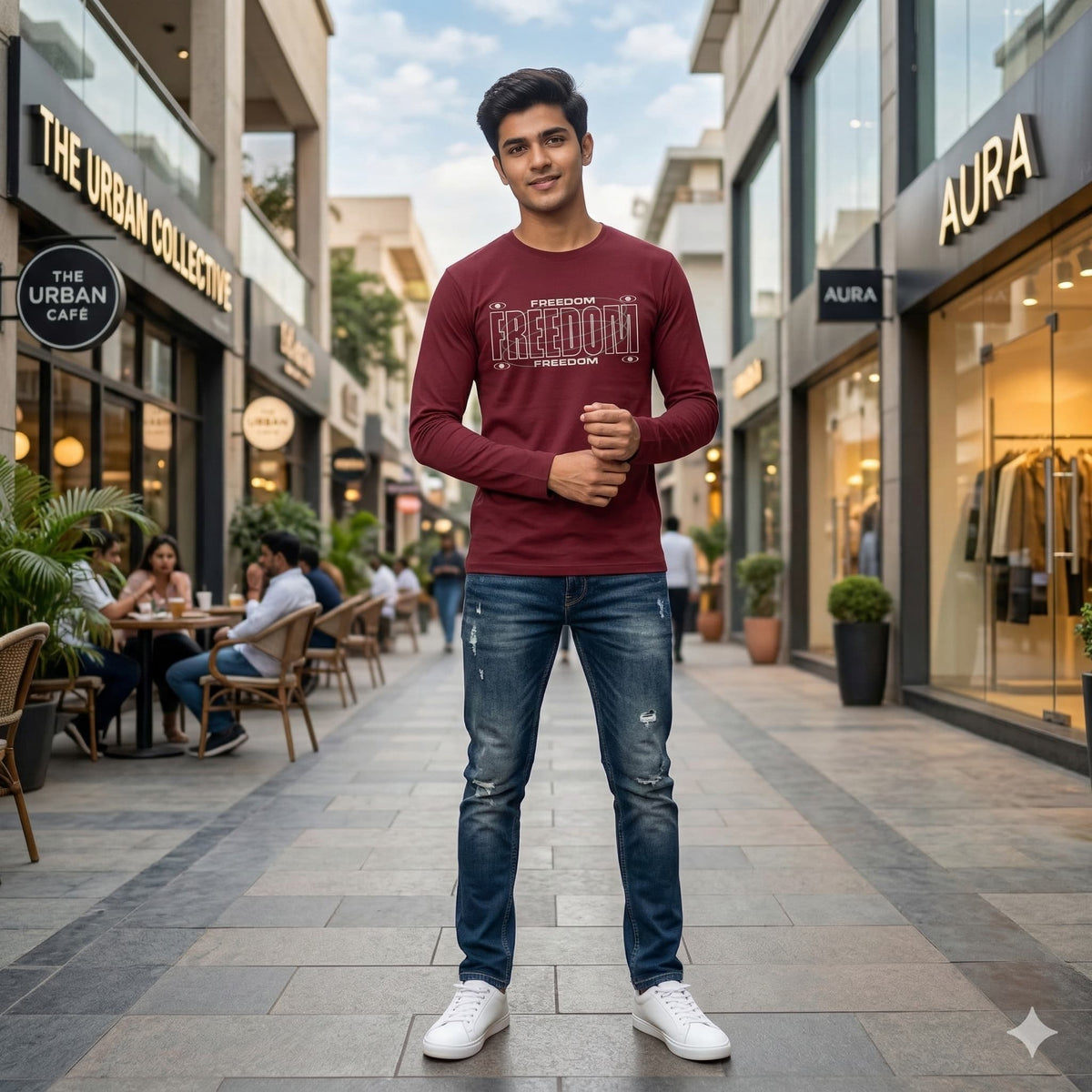 Men's Maroon Round Neck Full Sleeve T-shirts