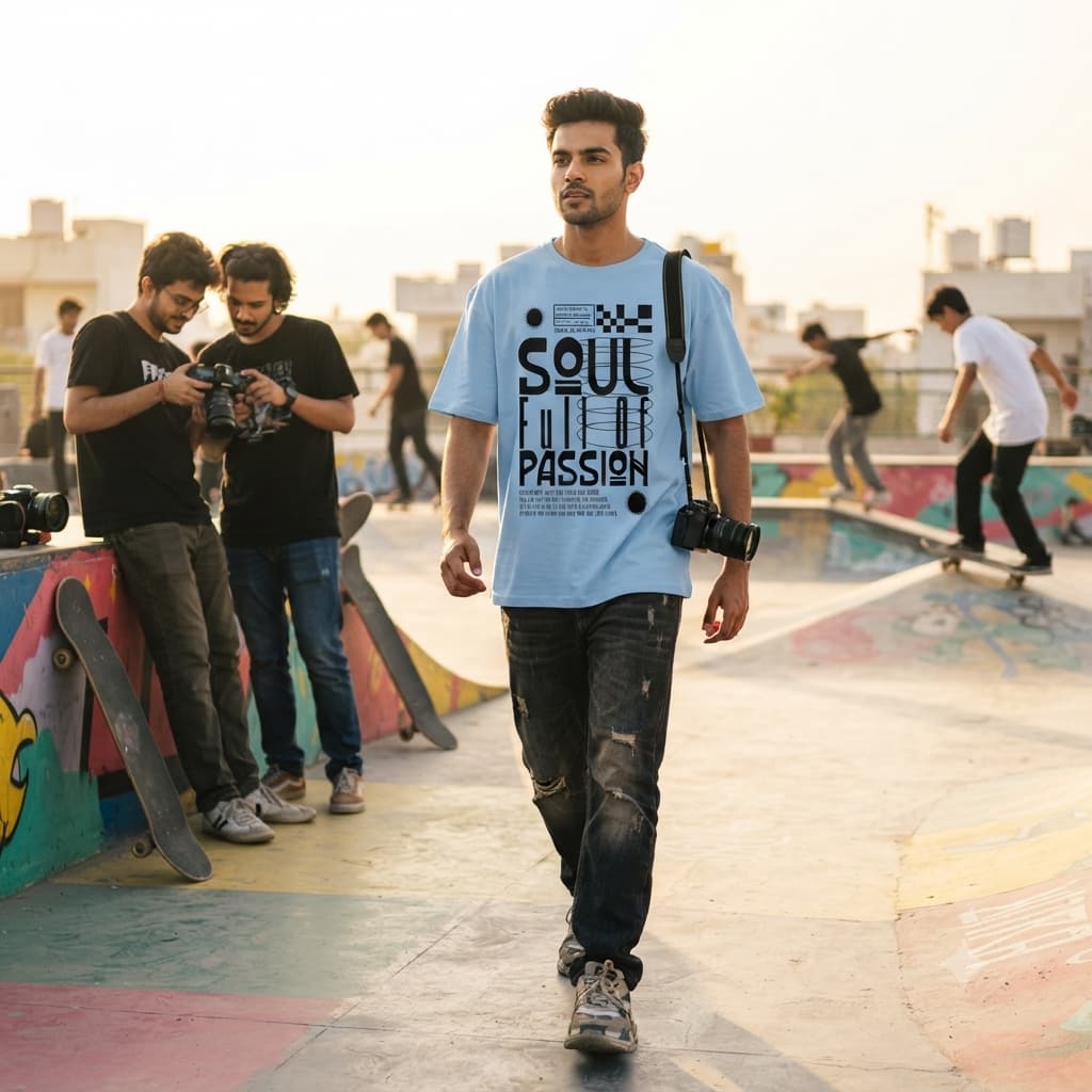 Men's Baby Blue Oversized Round Neck T-shirt