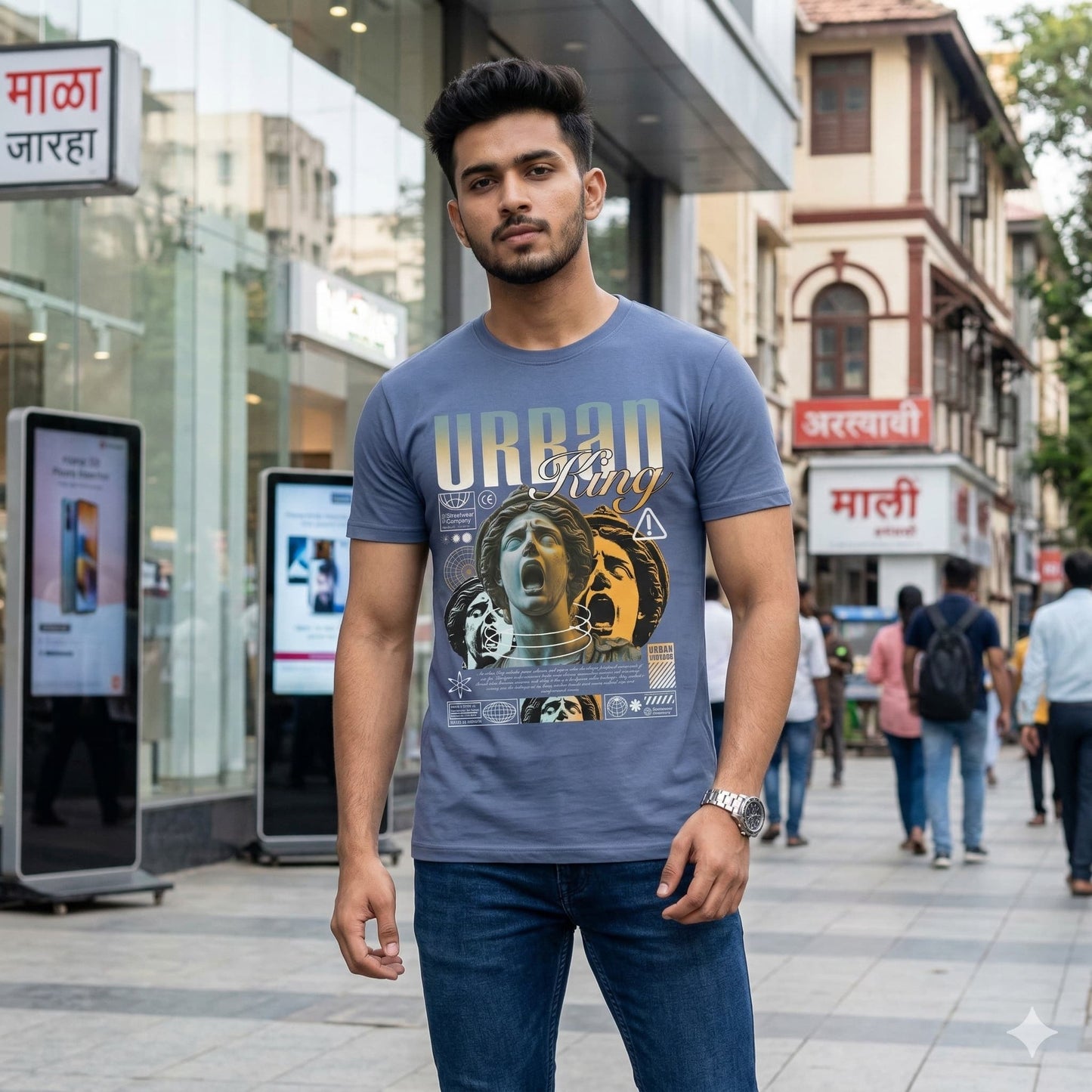 Men's Smoke Blue Round Neck T-shirts