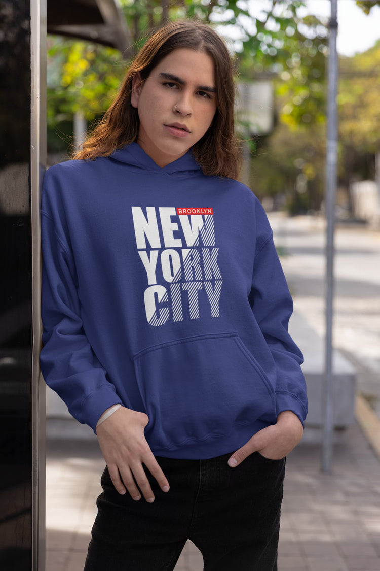 Person wearing a blue hoodie with &