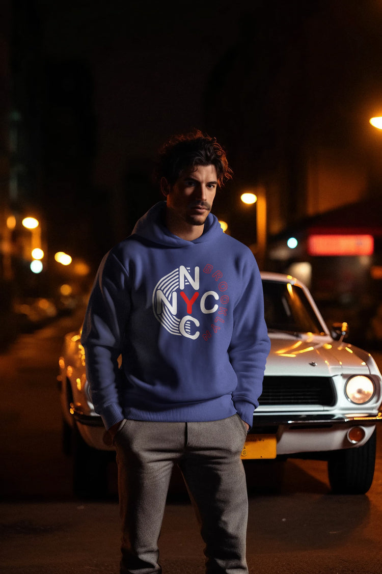 Man wearing a blue hoodie with &