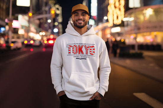 Man wearing a white hoodie with &