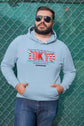 Man wearing a light blue hoodie with &