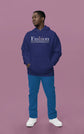 Man wearing a blue hoodie with &