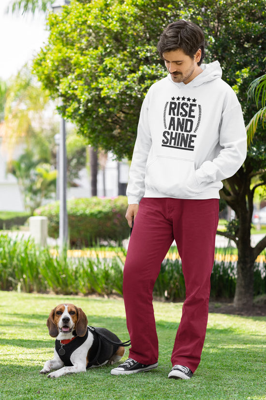 Man wearing a white hoodie with &