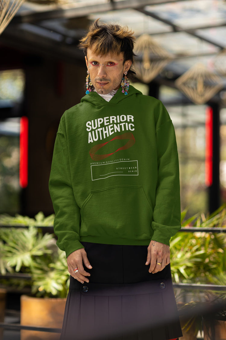 Person wearing a green hoodie with &