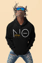 Person wearing a black hoodie with a logo and text, sunglasses, and ripped jeans on a beige background