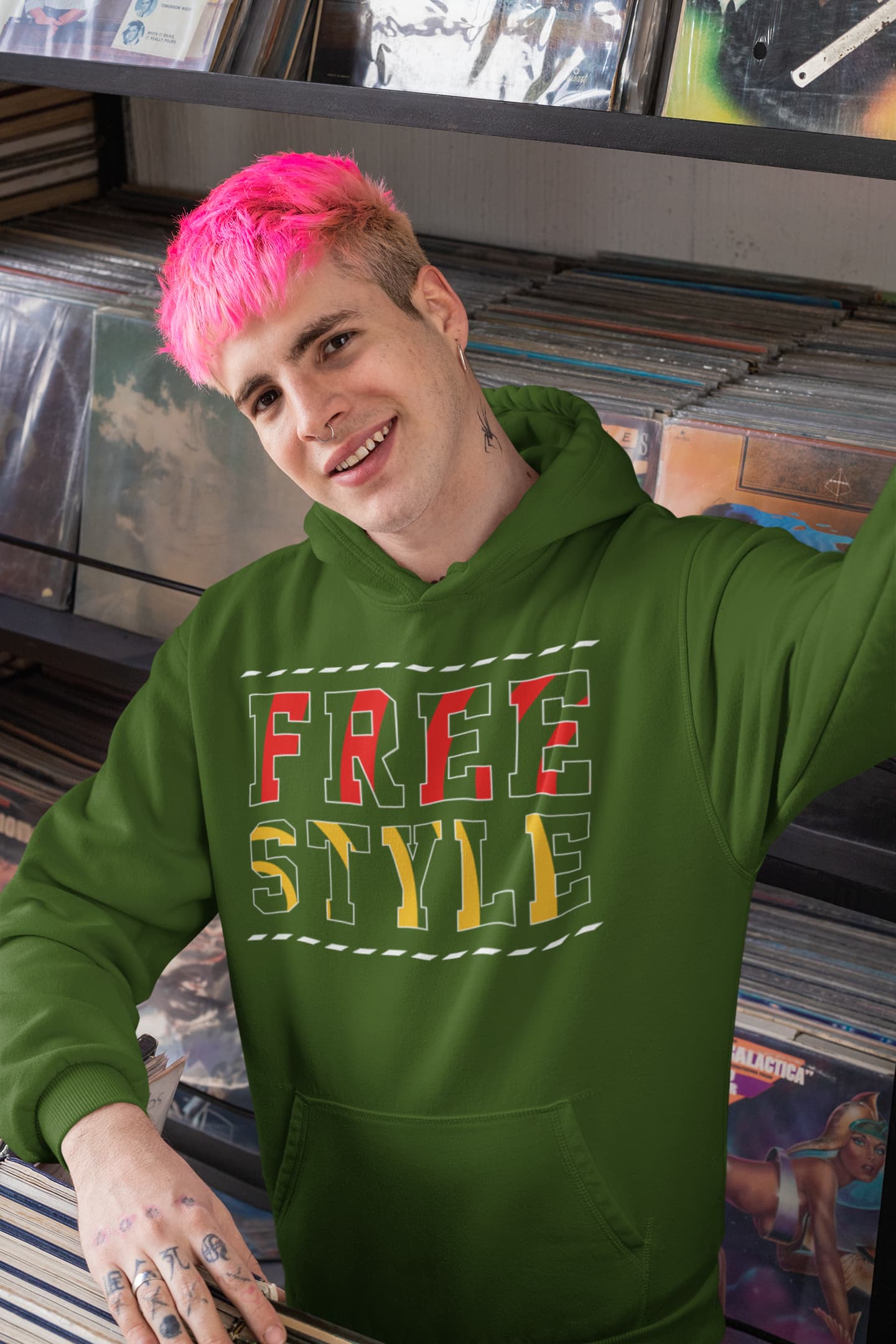 Person wearing a green hoodie with &