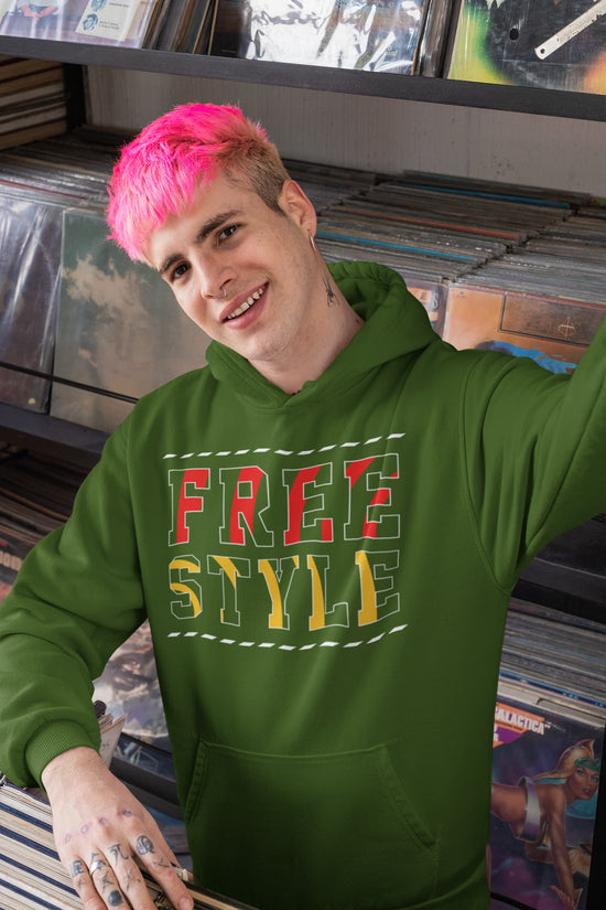 Person wearing a green hoodie with &