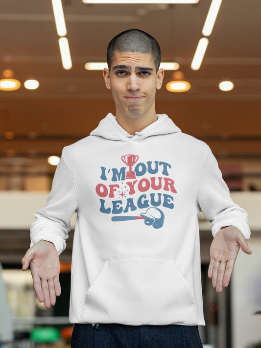 Person wearing a white hoodie with text and graphics in a casual setting