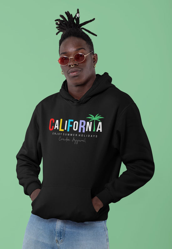 Person wearing a black hoodie with &