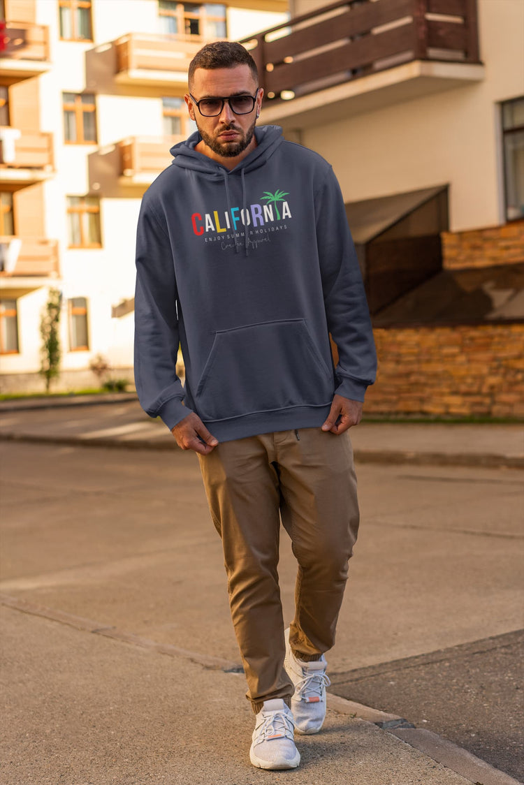 Man wearing a blue hoodie with &