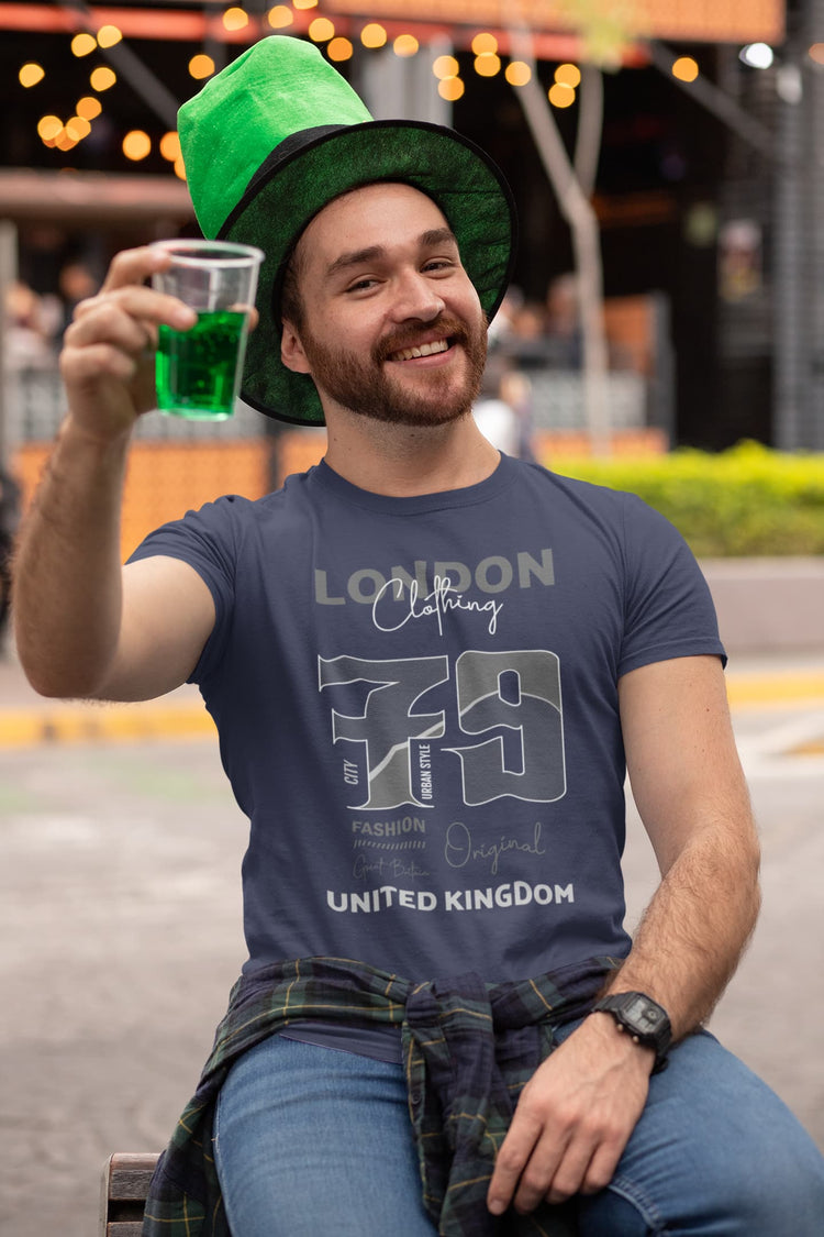Man wearing a blue t-shirt with &