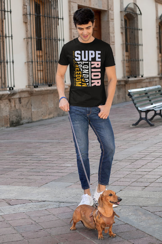 Man walking a dog on a leash in an urban setting