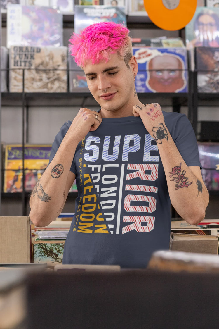 Person wearing a t-shirt with text in a record store