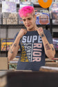Person wearing a t-shirt with text in a record store