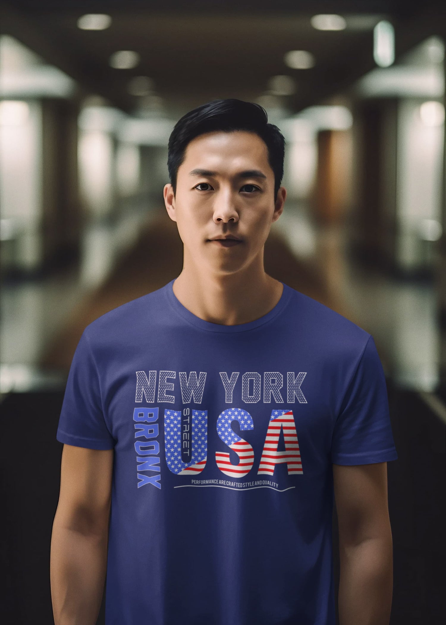Man wearing a blue t-shirt with &