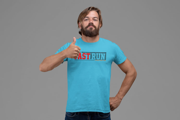 Man wearing a blue t-shirt with &