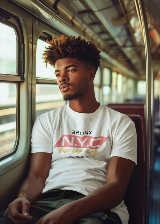 Man sitting on a train wearing a white t-shirt with &