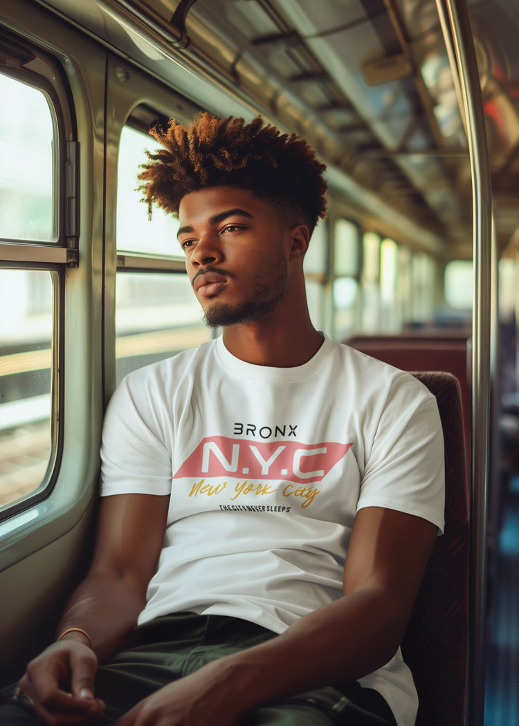 Man sitting on a train wearing a white t-shirt with &