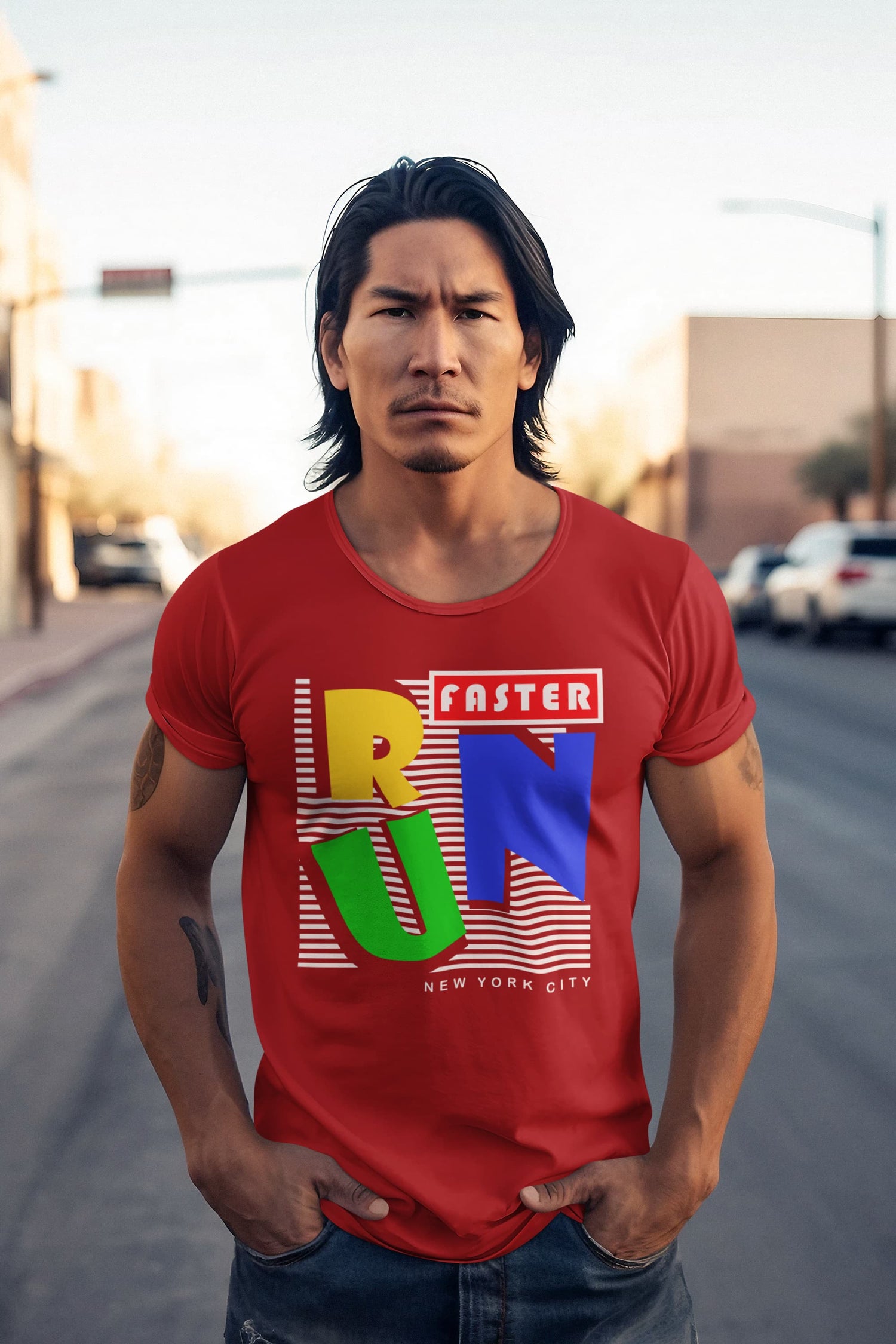 Man wearing a red t-shirt with colorful text on a street background