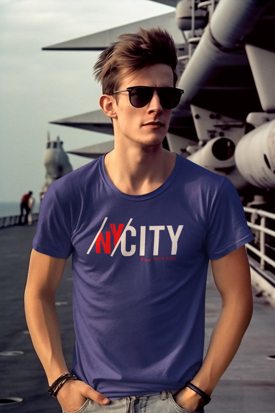 Man wearing a blue t-shirt with &