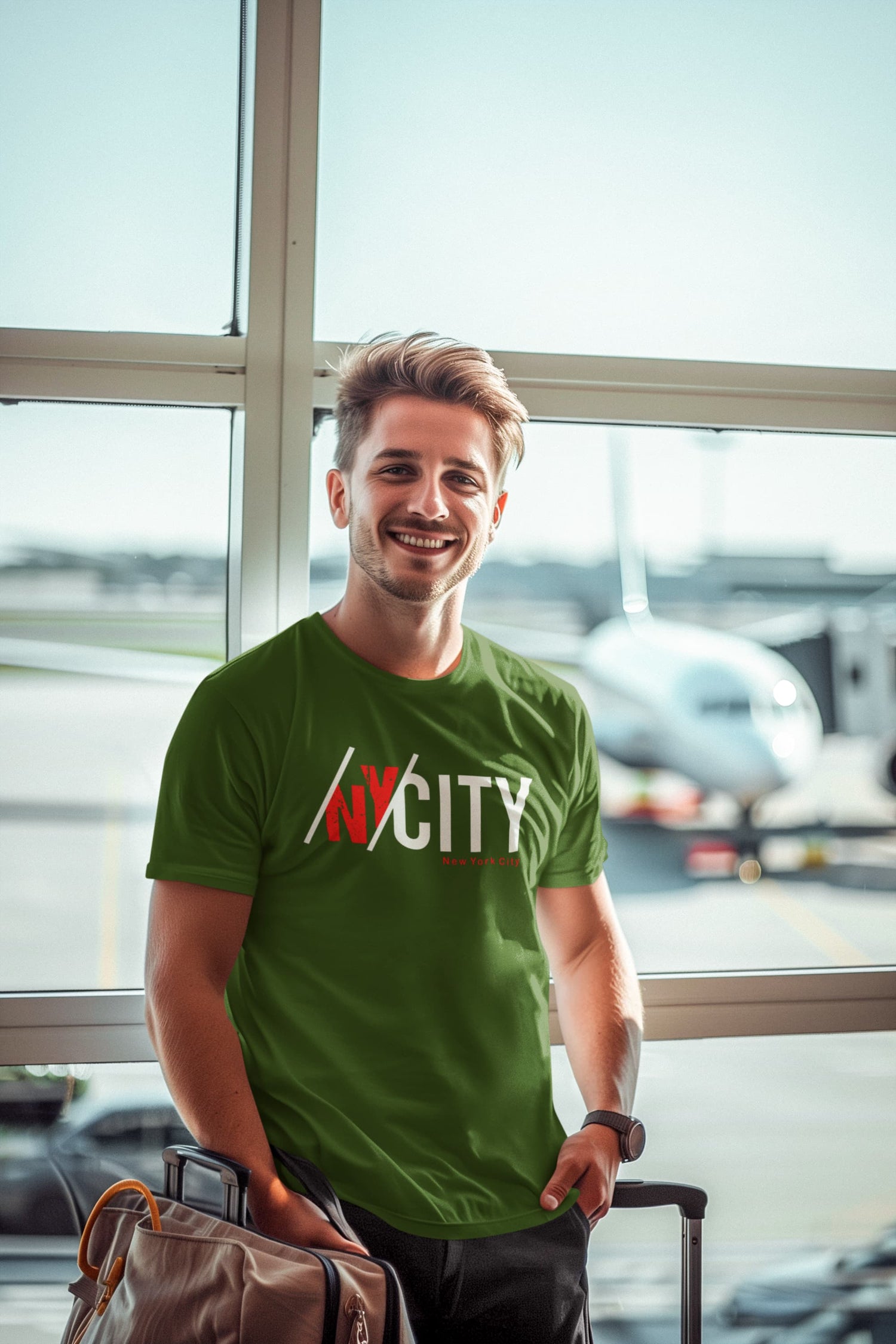 Man wearing a green t-shirt with &