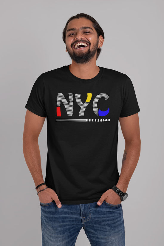 Man wearing a black t-shirt with &