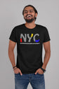 Man wearing a black t-shirt with &