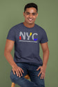 Man wearing a navy blue t-shirt with &