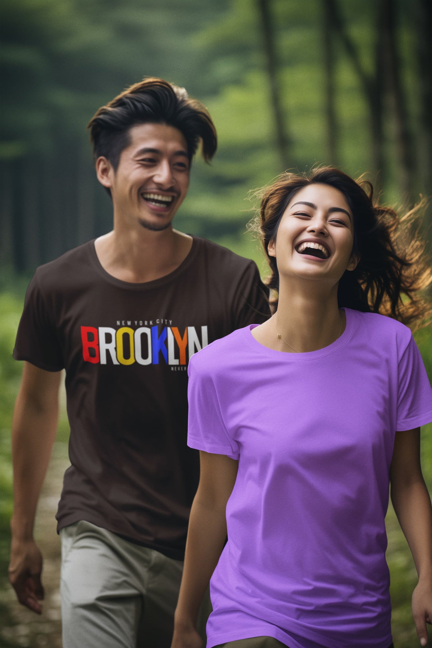 Two people walking together in a forest, one wearing a &