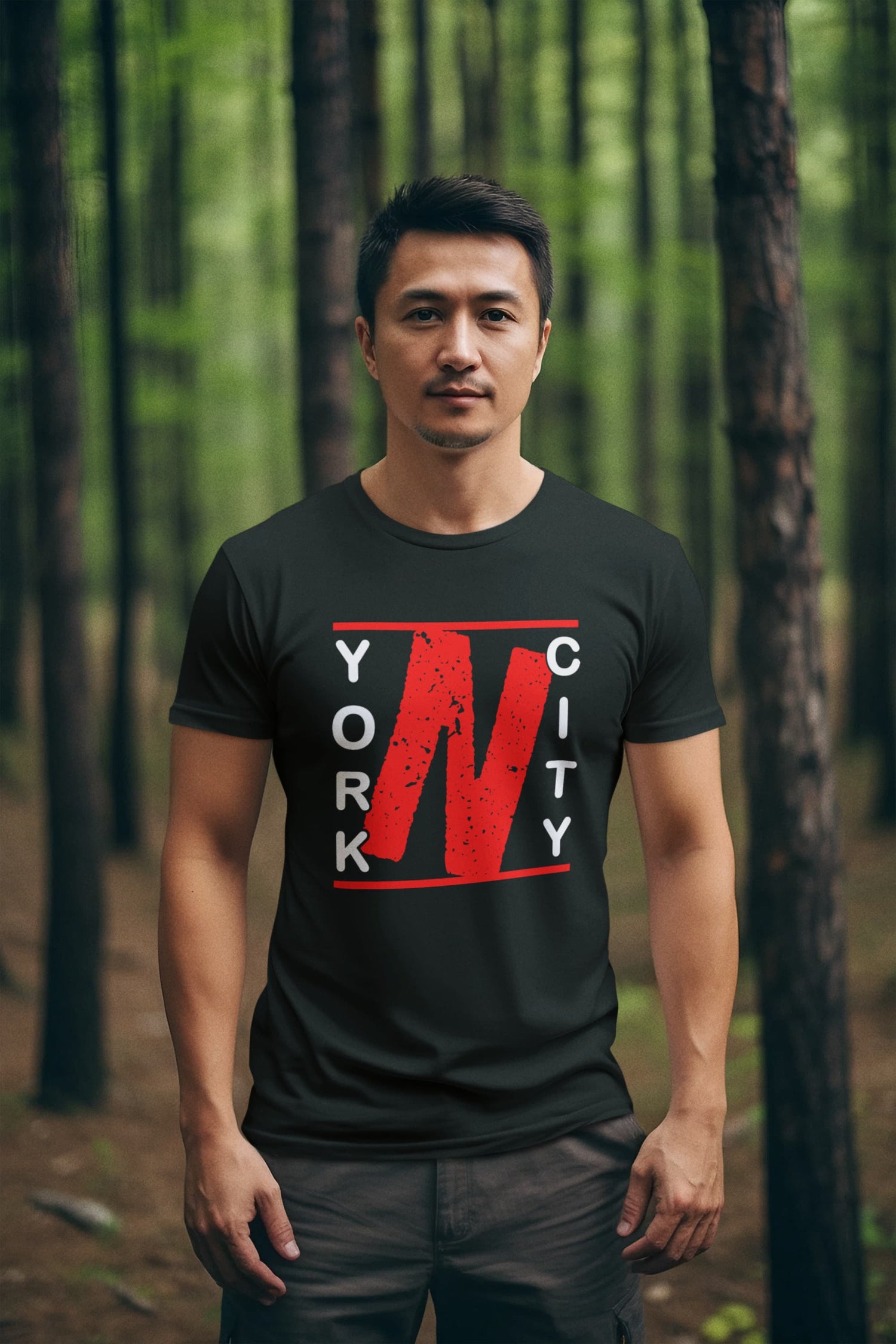 Man wearing a black t-shirt with &