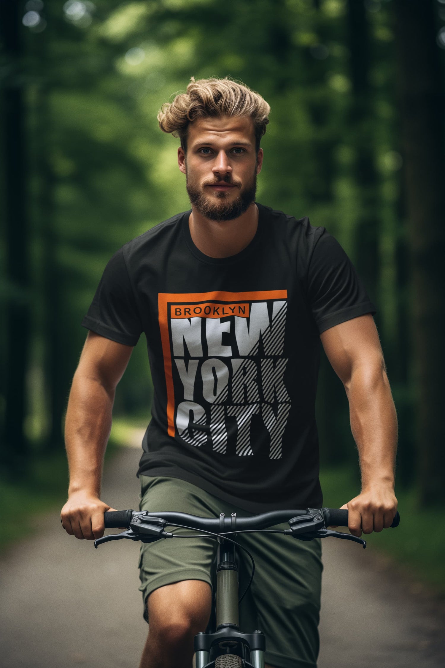 Man riding a bicycle in a forest wearing a &