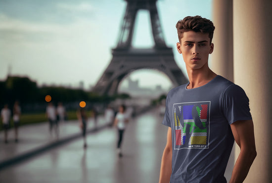 Man wearing a graphic t-shirt in front of the Eiffel Tower