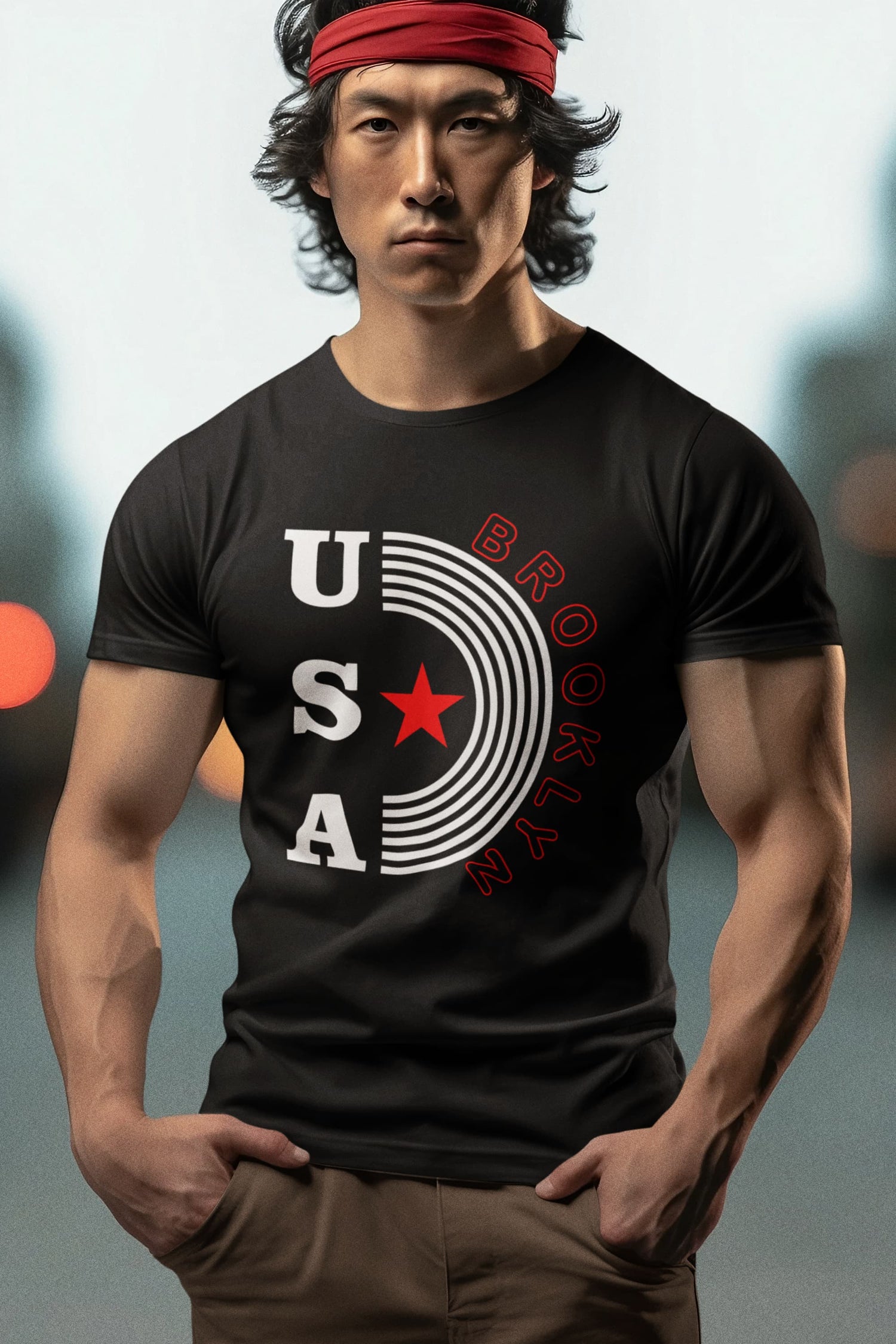 Man wearing a black t-shirt with &