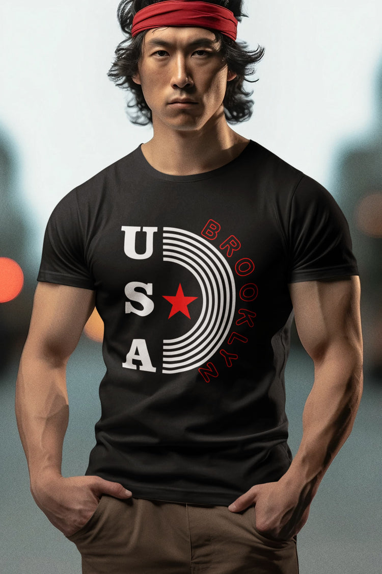 Man wearing a black t-shirt with &