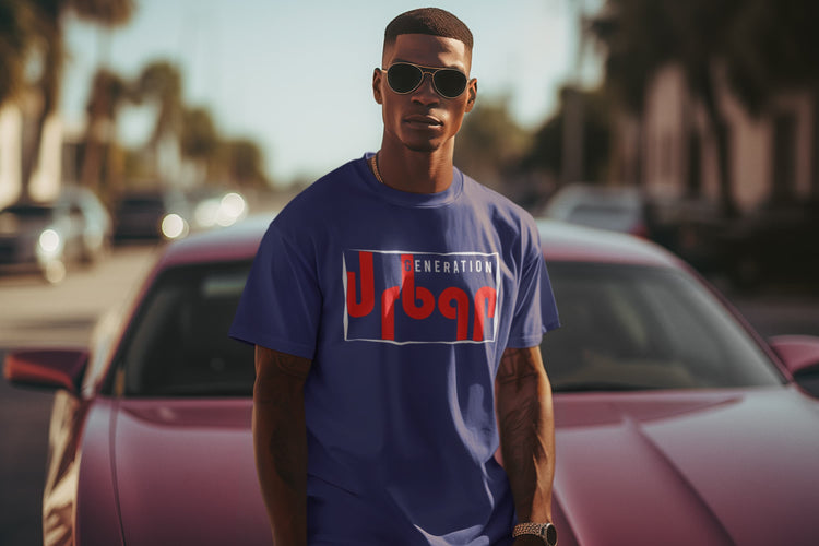 Man wearing a blue t-shirt with &