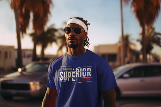 Man wearing a blue t-shirt with text, standing outdoors with palm trees in the background