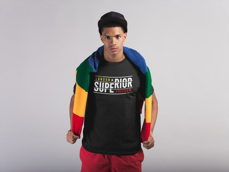 Person wearing a black t-shirt with &