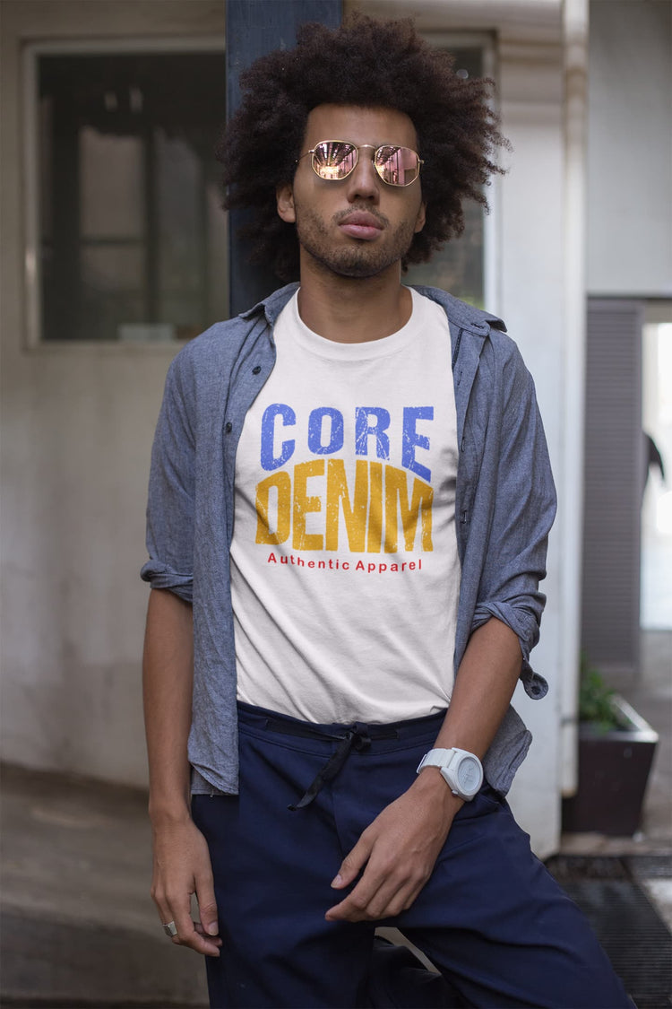 Man wearing a white t-shirt with &