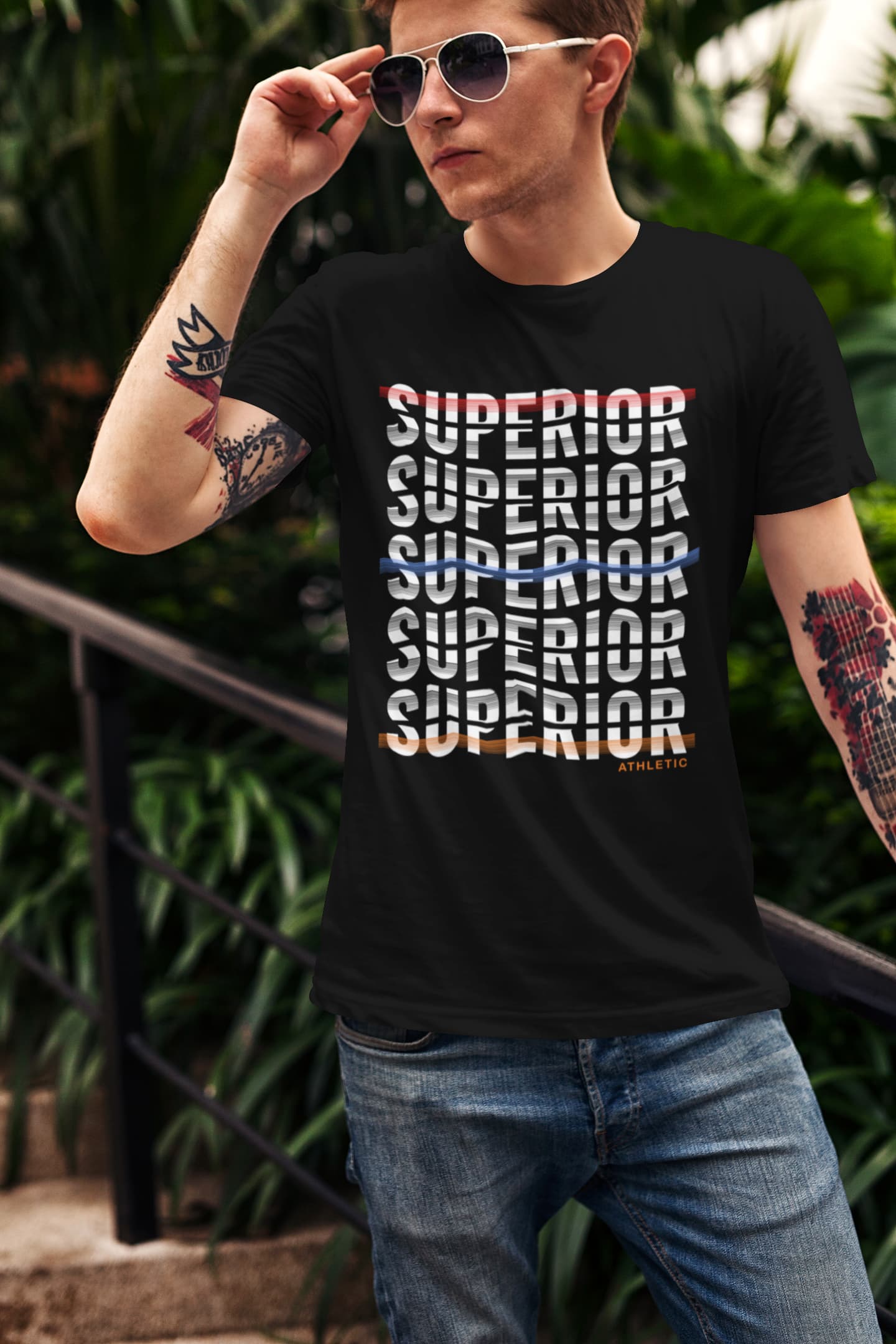 Person wearing a black t-shirt with &