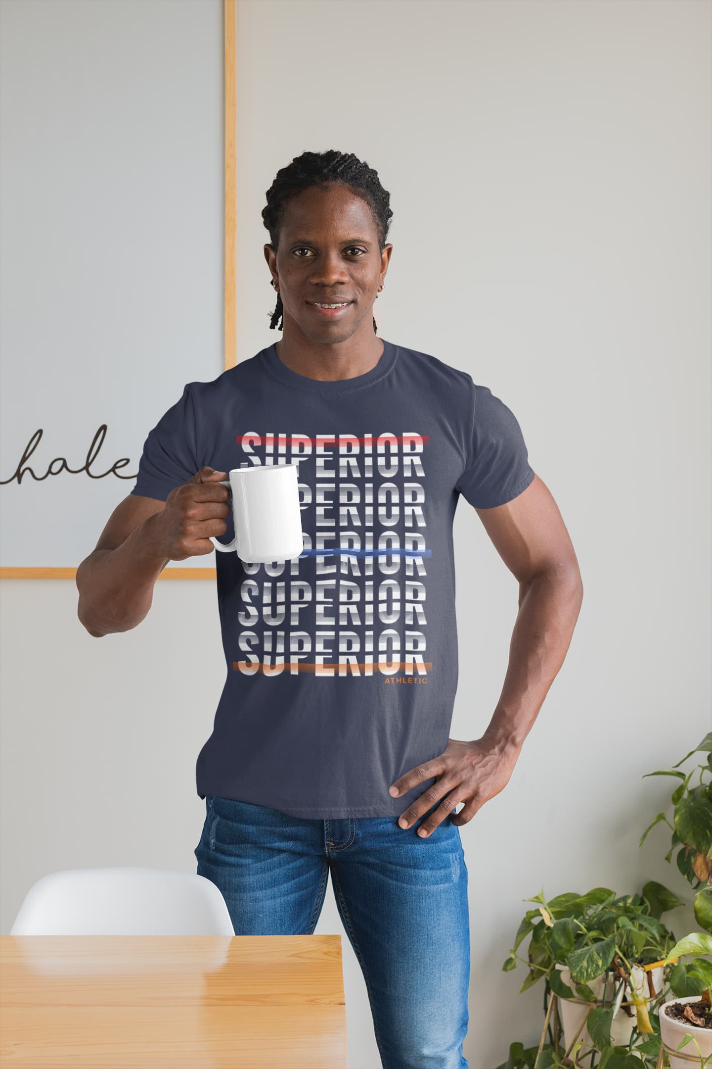 Man wearing a t-shirt with &