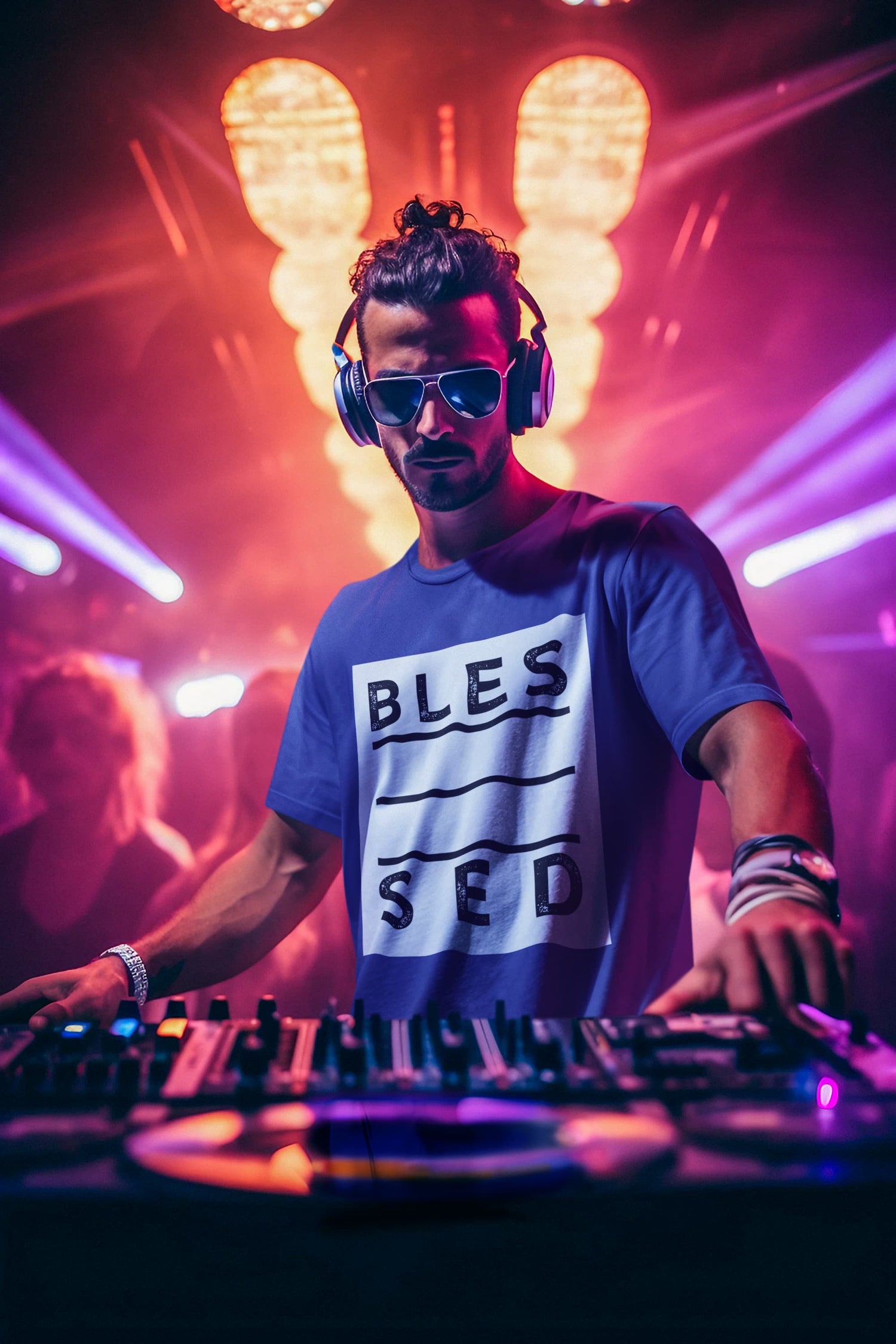 DJ performing at a concert with colorful lights and a &