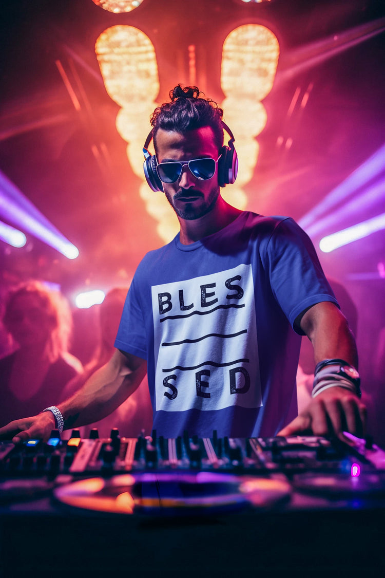 DJ performing at a concert with colorful lights and a &