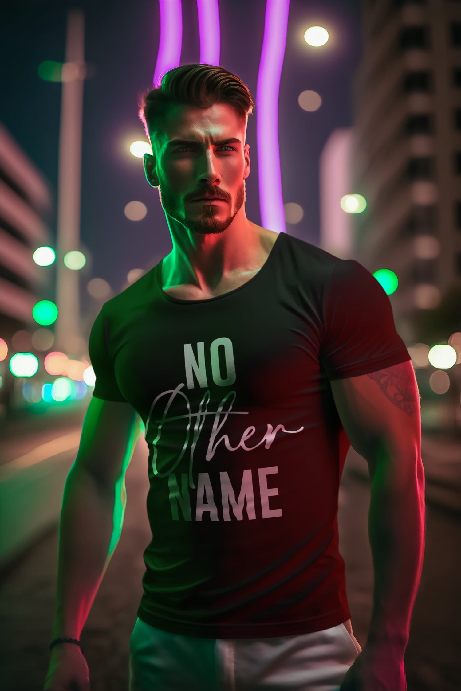 Man wearing a t-shirt with &