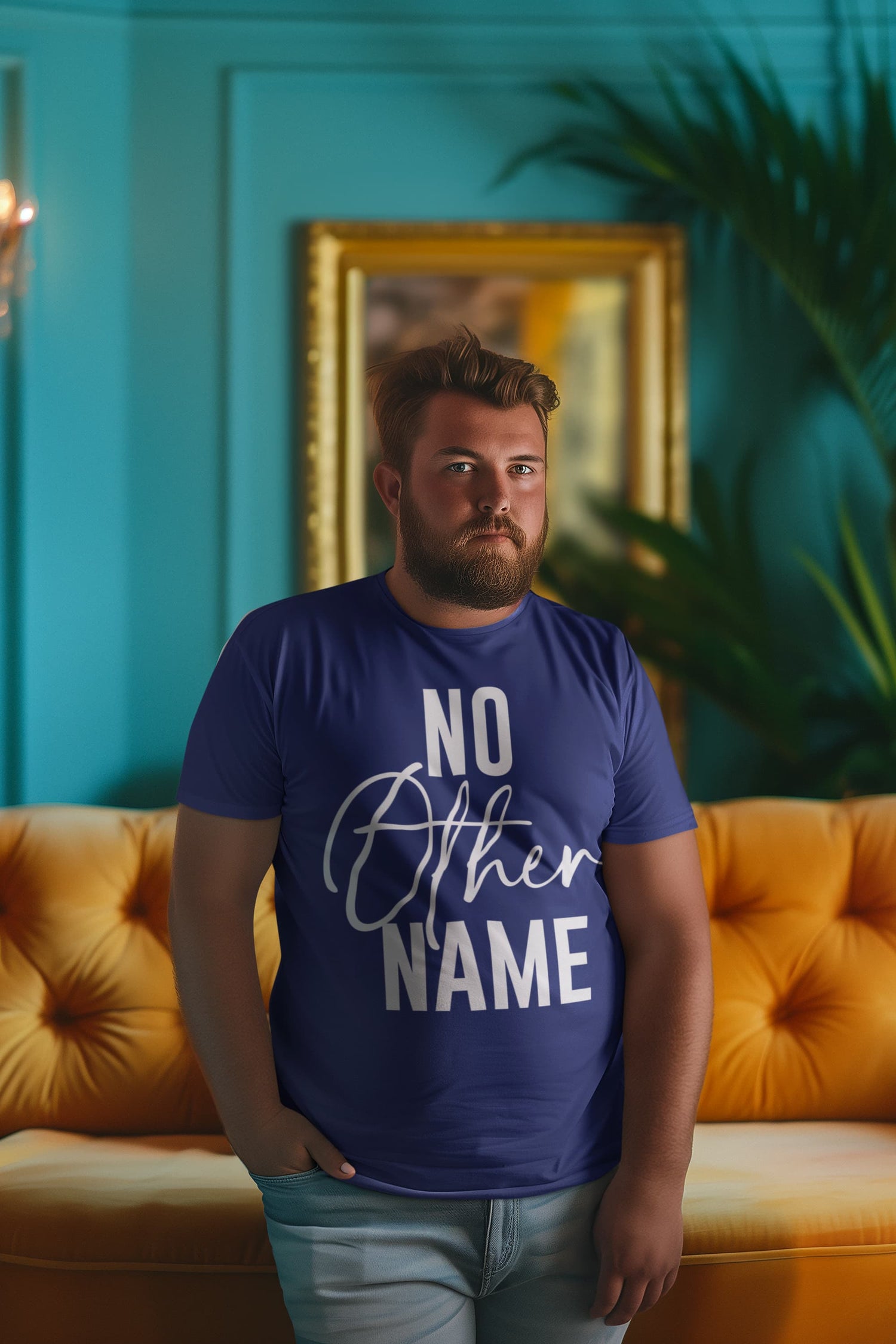 Man wearing a blue t-shirt with &